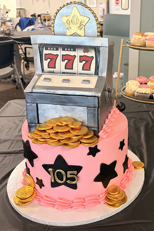 Slot-machine-themed birthday cake created for Mrs. Kay's 105th birthday celebration.